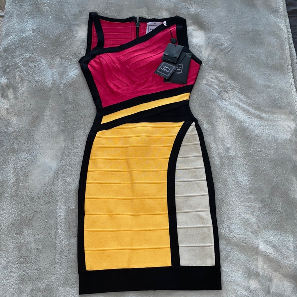 HERVE LEGER Cerise/Yellow/Black Nolita XS Colorblock Bandage Dress